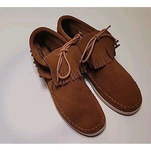 Minnetonka Moccasins Women's 7.5 Slip ons Fringe Rust Brown Leather Booties‎